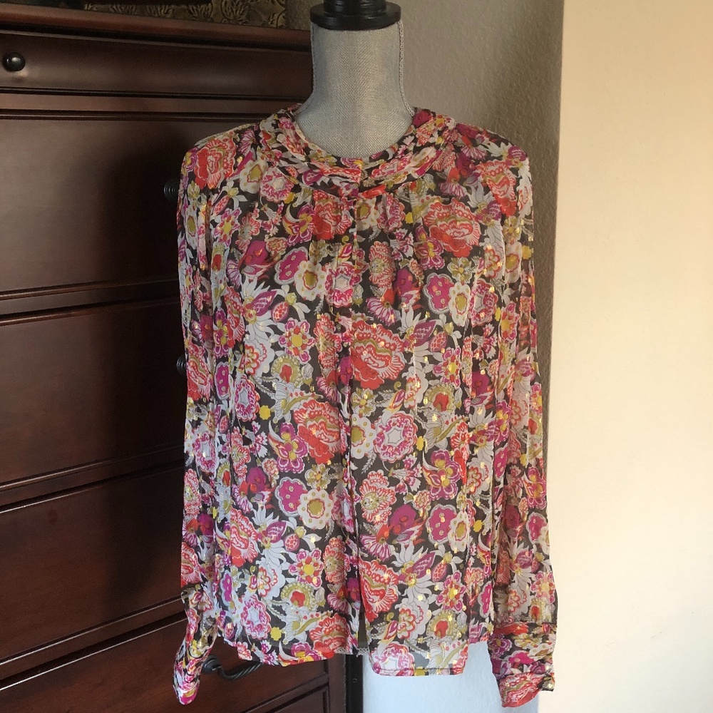 J Crew floral blouse w/gold thread detail